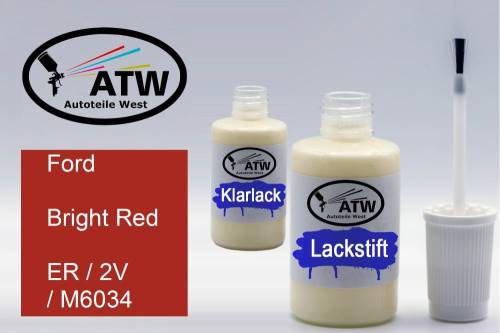 Ford, Bright Red, ER / 2V / M6034: 20ml Lackstift + 20ml Klarlack - Set, von ATW Autoteile West.
